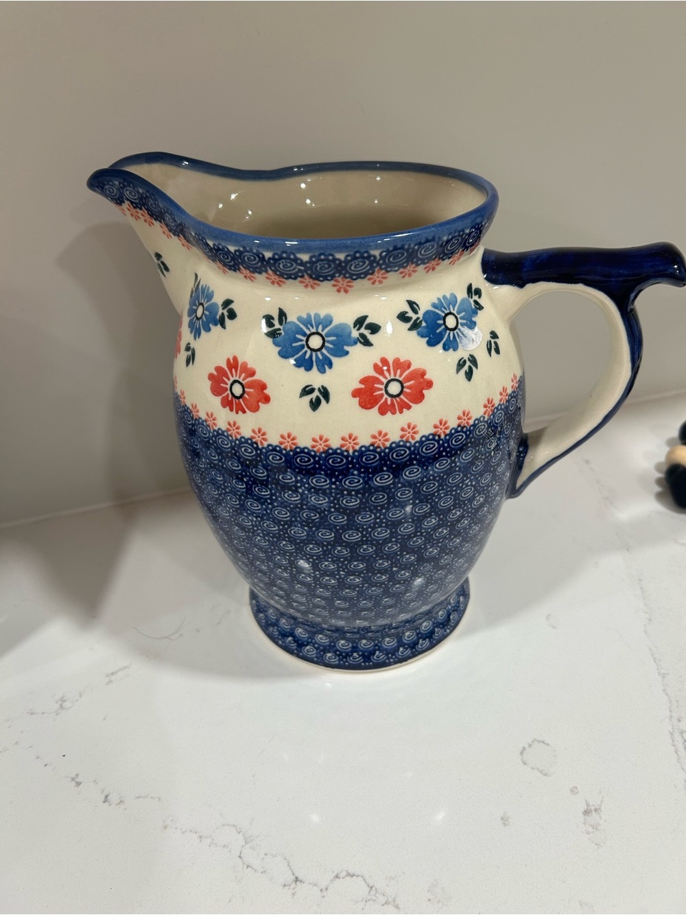 Polish Pottery large Blue Floral Ceramic Pitcher